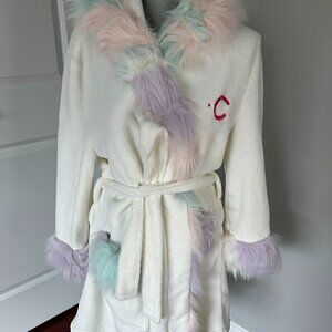 Pottery Barn Teen Unicorn Hooded Bathrobe w Faux Fur Collar O/S EUC